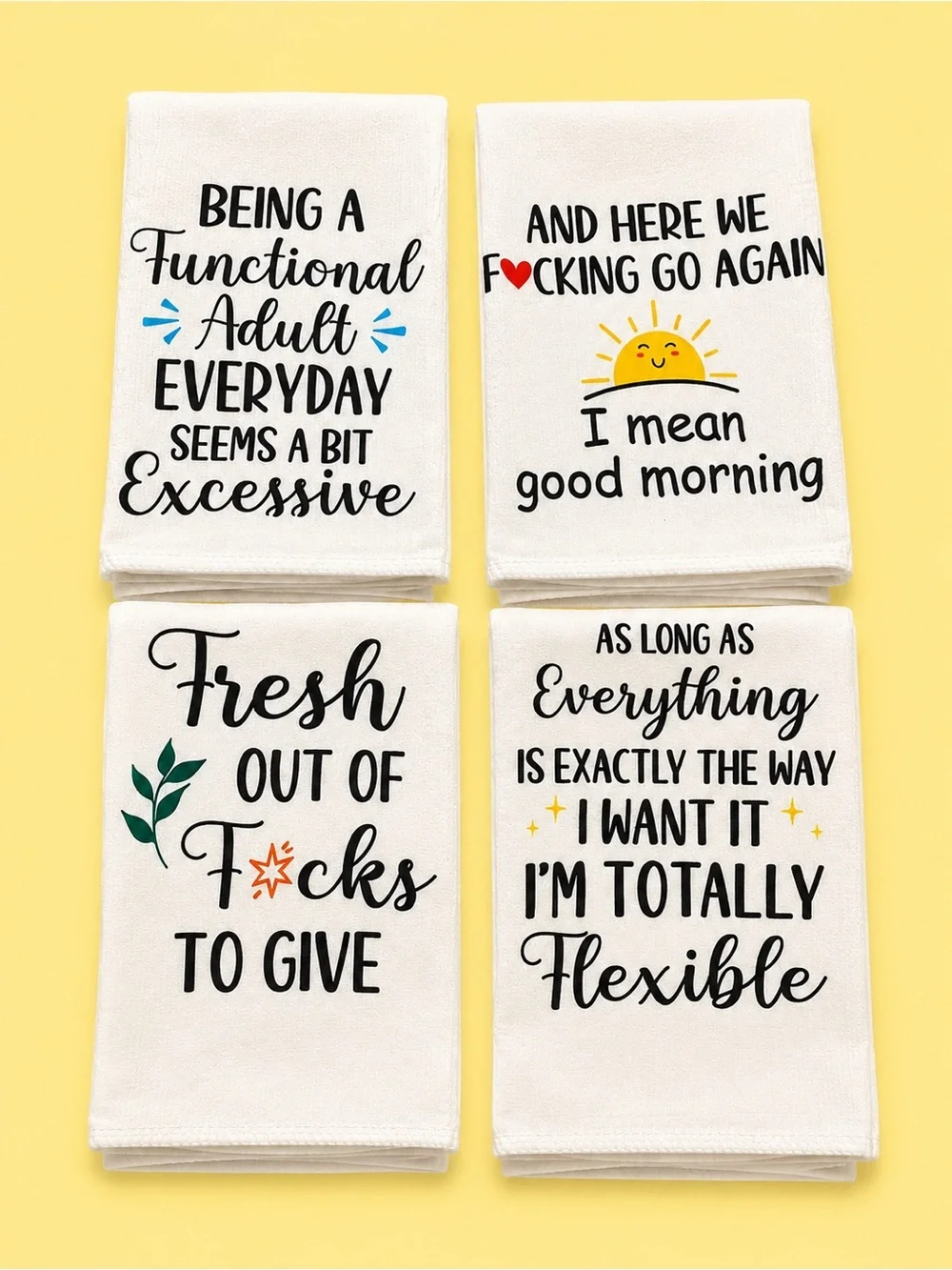 Funny White Cotton Kitchen Towels - Set of 4